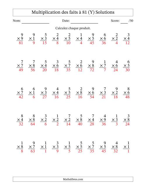 Multiplication des faits à 81 (50 Questions) (Pas de zéros) (Y) page 2