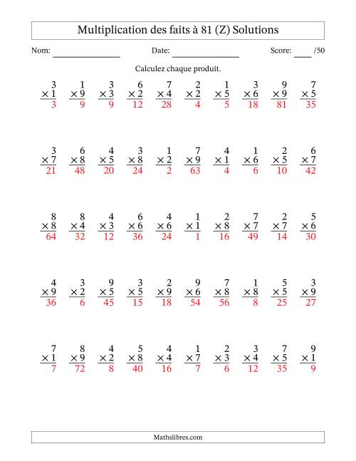 Multiplication des faits à 81 (50 Questions) (Pas de zéros) (Z) page 2