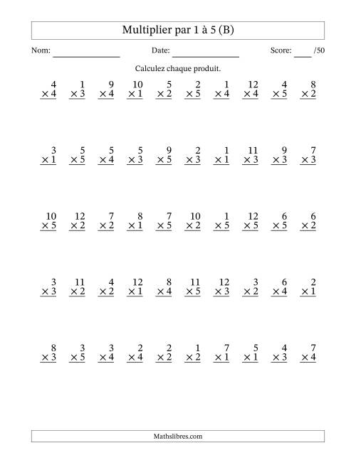 Multiplier (1 à 12) par 1 à 5 (50 Questions) (B)