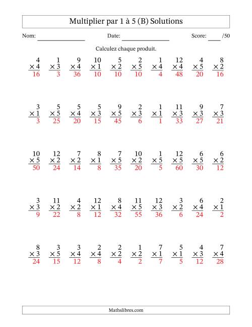Multiplier (1 à 12) par 1 à 5 (50 Questions) (B) page 2