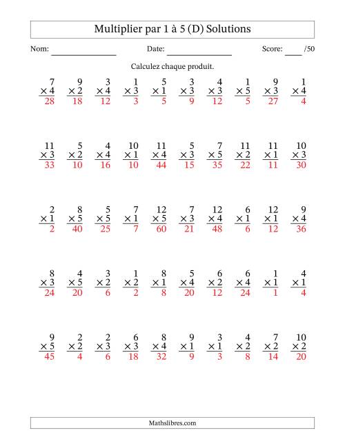Multiplier (1 à 12) par 1 à 5 (50 Questions) (D) page 2