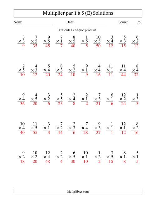 Multiplier (1 à 12) par 1 à 5 (50 Questions) (E) page 2
