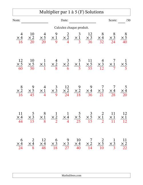 Multiplier (1 à 12) par 1 à 5 (50 Questions) (F) page 2