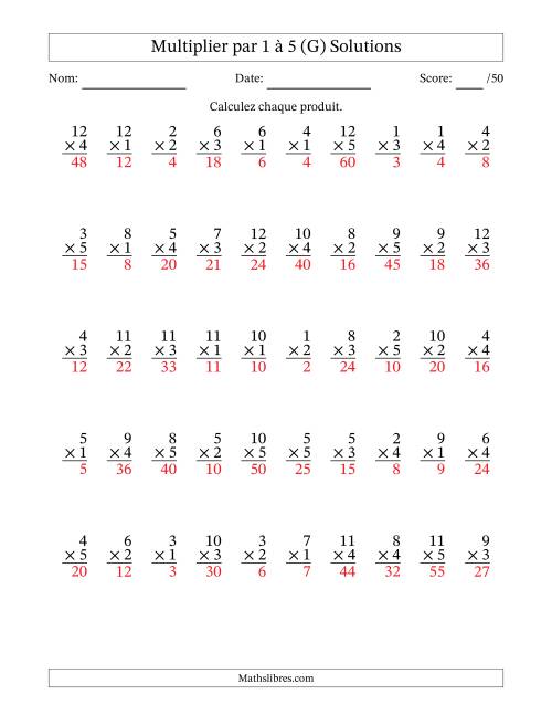 Multiplier (1 à 12) par 1 à 5 (50 Questions) (G) page 2