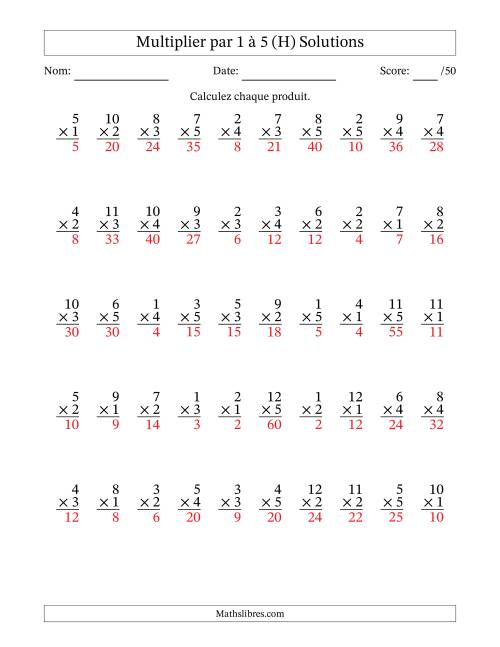 Multiplier (1 à 12) par 1 à 5 (50 Questions) (H) page 2