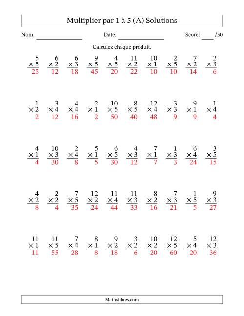 Multiplier (1 à 12) par 1 à 5 (50 Questions) (Tout) page 2