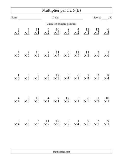 Multiplier (1 à 12) par 1 à 6 (50 Questions) (B)