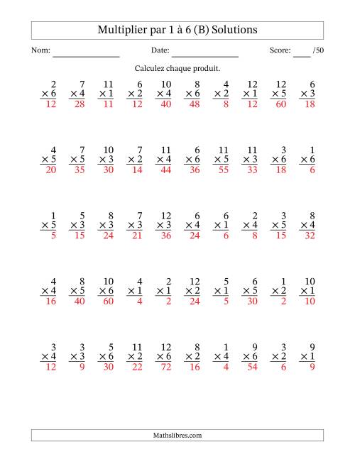 Multiplier (1 à 12) par 1 à 6 (50 Questions) (B) page 2