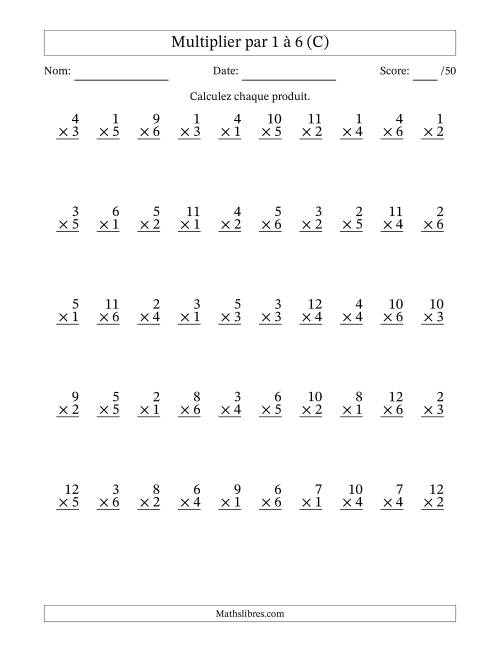 Multiplier (1 à 12) par 1 à 6 (50 Questions) (C)