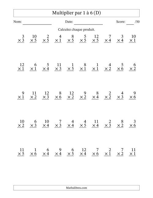 Multiplier (1 à 12) par 1 à 6 (50 Questions) (D)