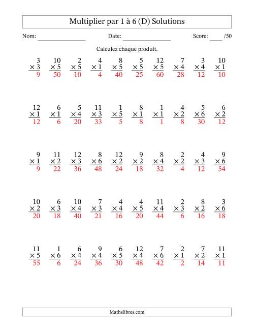 Multiplier (1 à 12) par 1 à 6 (50 Questions) (D) page 2