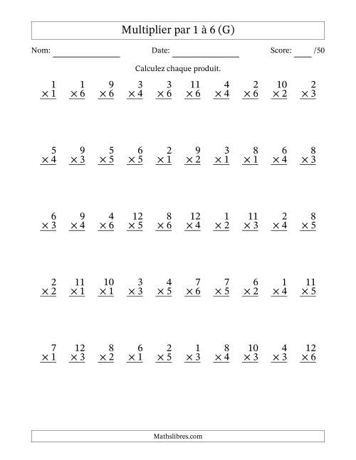 Multiplier (1 à 12) par 1 à 6 (50 Questions) (G)