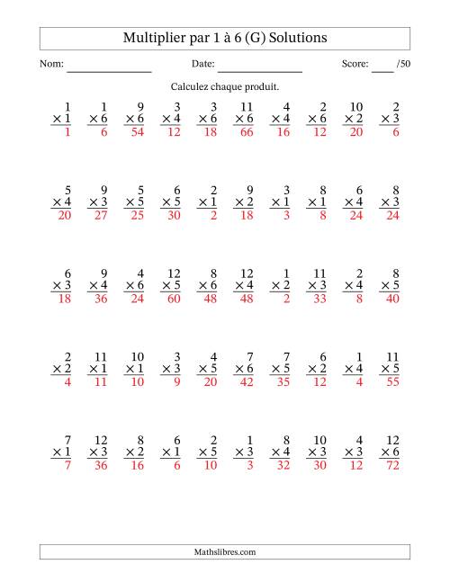 Multiplier (1 à 12) par 1 à 6 (50 Questions) (G) page 2