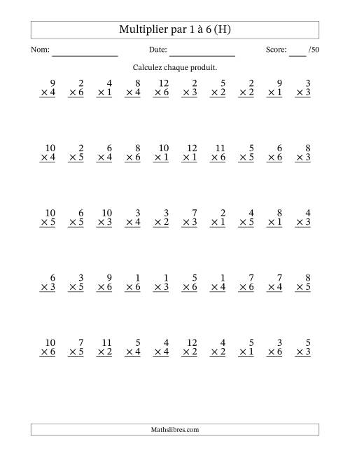 Multiplier (1 à 12) par 1 à 6 (50 Questions) (H)