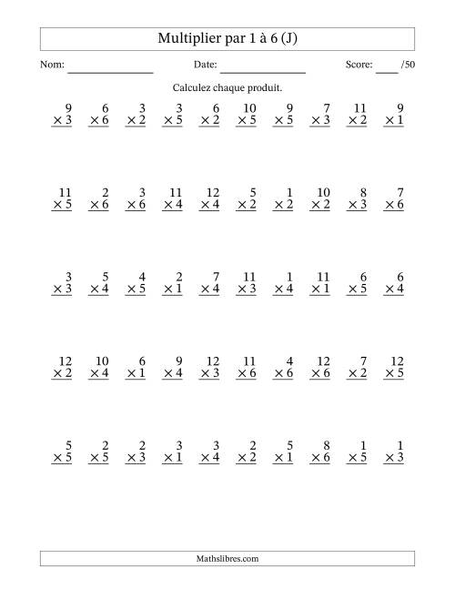 Multiplier (1 à 12) par 1 à 6 (50 Questions) (J)