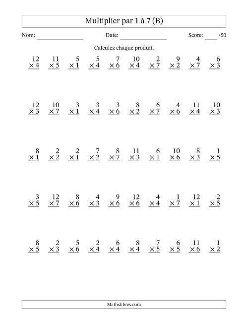 Multiplier (1 à 12) par 1 à 7 (50 Questions) (B)