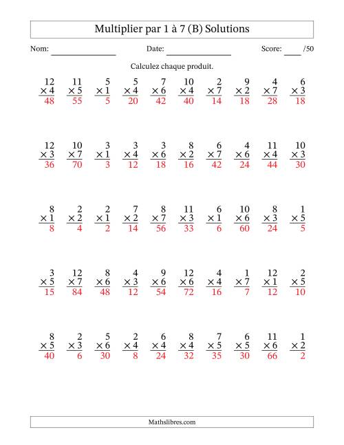 Multiplier (1 à 12) par 1 à 7 (50 Questions) (B) page 2