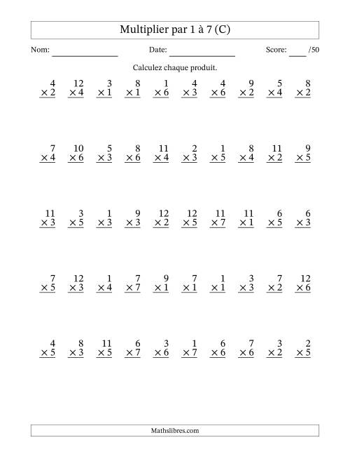 Multiplier (1 à 12) par 1 à 7 (50 Questions) (C)