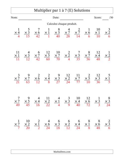 Multiplier (1 à 12) par 1 à 7 (50 Questions) (E) page 2