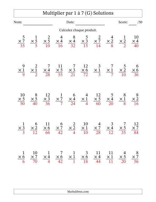 Multiplier (1 à 12) par 1 à 7 (50 Questions) (G) page 2