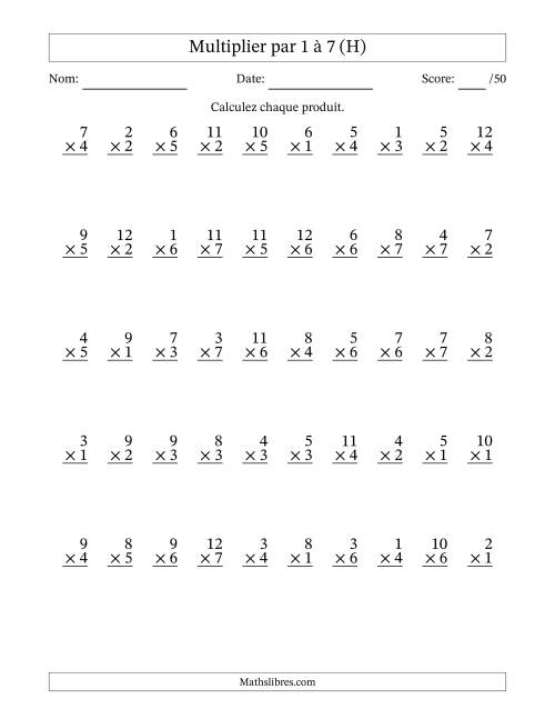 Multiplier (1 à 12) par 1 à 7 (50 Questions) (H)