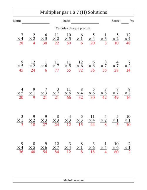Multiplier (1 à 12) par 1 à 7 (50 Questions) (H) page 2