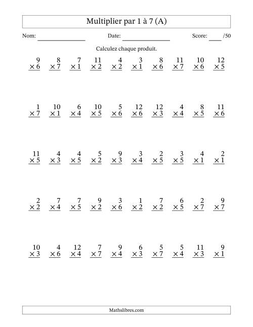 Multiplier (1 à 12) par 1 à 7 (50 Questions) (Tout)