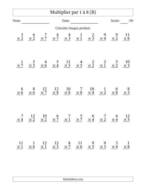 Multiplier (1 à 12) par 1 à 8 (50 Questions) (B)