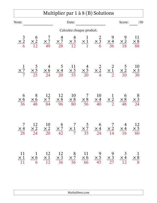 Multiplier (1 à 12) par 1 à 8 (50 Questions) (B) page 2