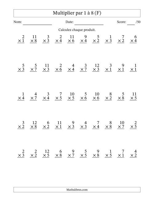Multiplier (1 à 12) par 1 à 8 (50 Questions) (F)