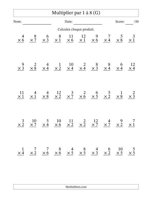 Multiplier (1 à 12) par 1 à 8 (50 Questions) (G)