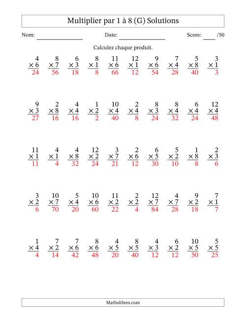 Multiplier (1 à 12) par 1 à 8 (50 Questions) (G) page 2
