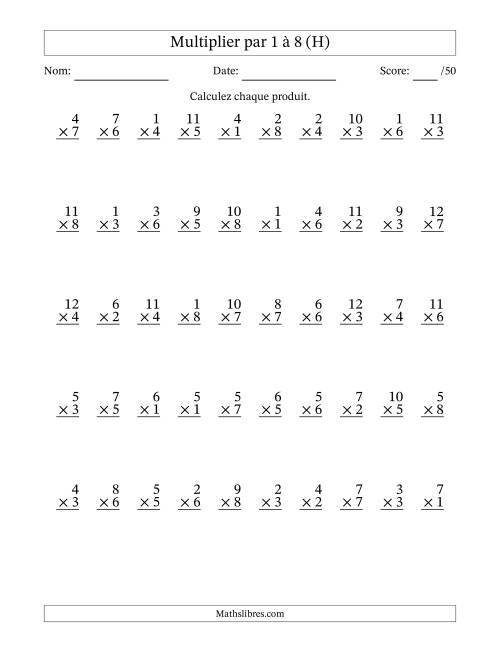 Multiplier (1 à 12) par 1 à 8 (50 Questions) (H)