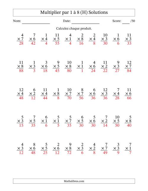 Multiplier (1 à 12) par 1 à 8 (50 Questions) (H) page 2