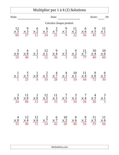 Multiplier (1 à 12) par 1 à 8 (50 Questions) (J) page 2
