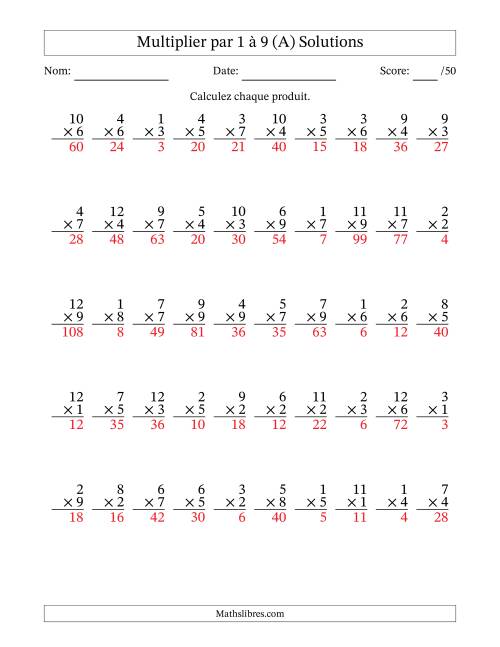 Multiplier (1 à 12) par 1 à 9 (50 Questions) (A) page 2