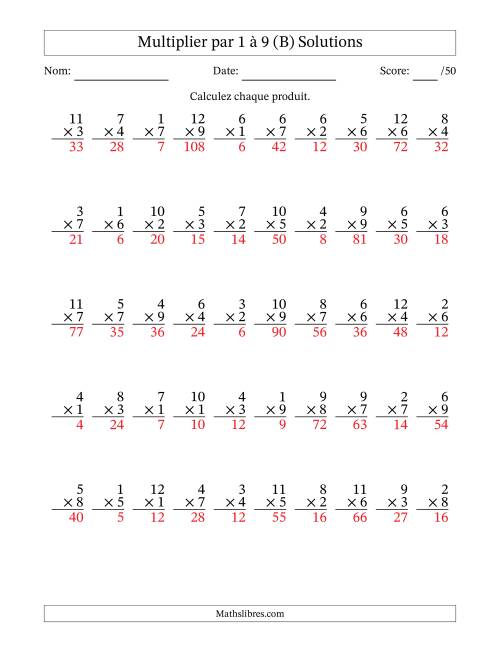 Multiplier (1 à 12) par 1 à 9 (50 Questions) (B) page 2