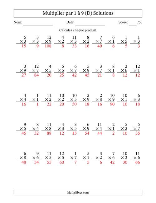 Multiplier (1 à 12) par 1 à 9 (50 Questions) (D) page 2