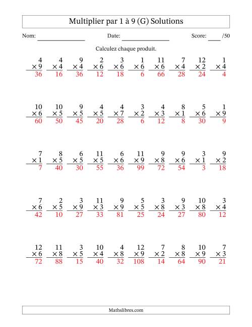 Multiplier (1 à 12) par 1 à 9 (50 Questions) (G) page 2