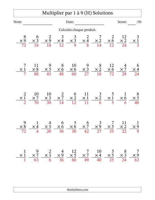 Multiplier (1 à 12) par 1 à 9 (50 Questions) (H) page 2