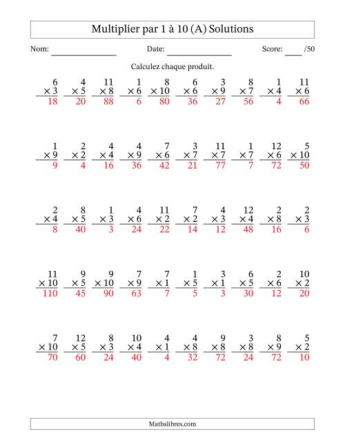 Multiplier (1 à 12) par 1 à 10 (50 Questions) (A) page 2
