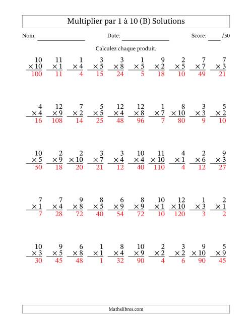 Multiplier (1 à 12) par 1 à 10 (50 Questions) (B) page 2
