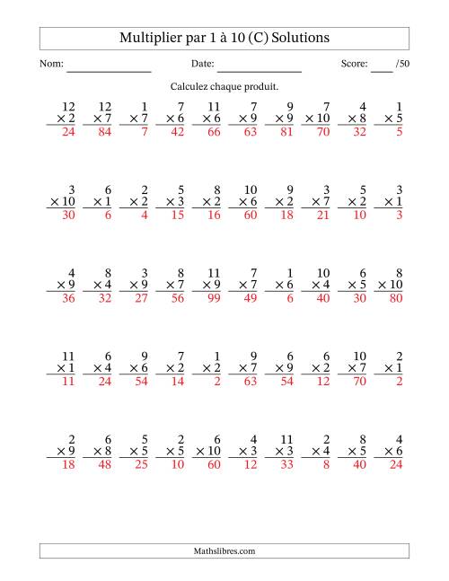 Multiplier (1 à 12) par 1 à 10 (50 Questions) (C) page 2