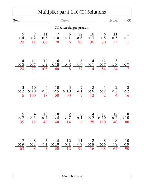Multiplier (1 à 12) par 1 à 10 (50 Questions) (D) page 2