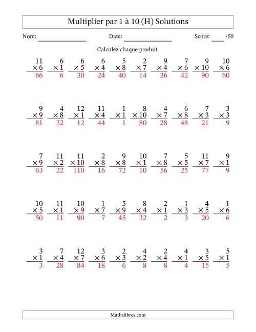 Multiplier (1 à 12) par 1 à 10 (50 Questions) (H) page 2