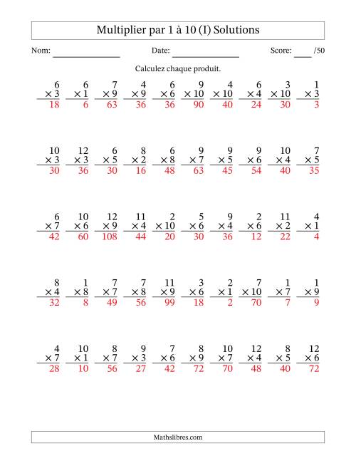 Multiplier (1 à 12) par 1 à 10 (50 Questions) (I) page 2