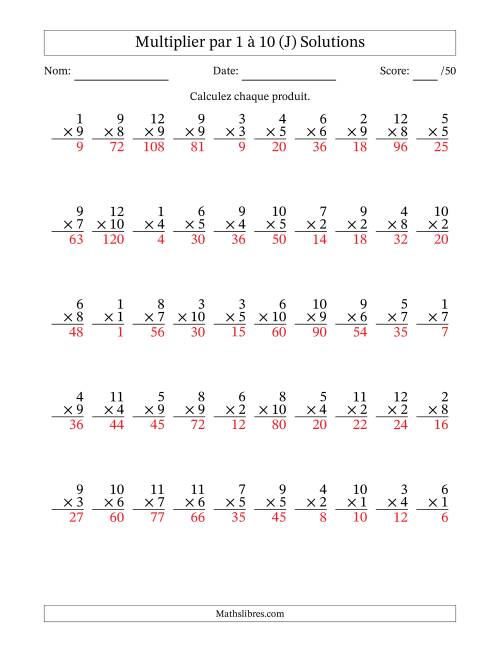 Multiplier (1 à 12) par 1 à 10 (50 Questions) (J) page 2