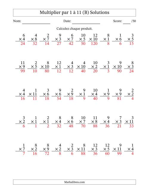 Multiplier (1 à 12) par 1 à 11 (50 Questions) (B) page 2