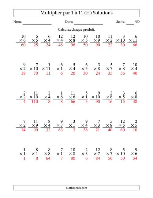 Multiplier (1 à 12) par 1 à 11 (50 Questions) (H) page 2