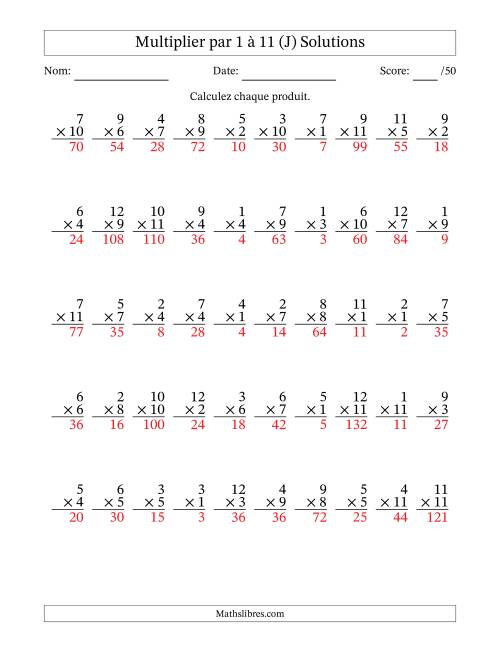 Multiplier (1 à 12) par 1 à 11 (50 Questions) (J) page 2